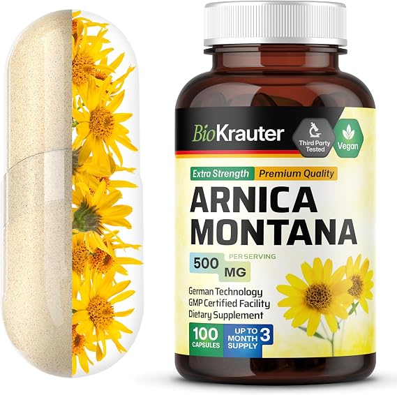 BIO KRAUTER Arnica Montana for Bruising and Swelling - Vegan & Pure Arnica Supplement in Capsules 500 mg per Serving 100 Caps - Used for Daily Wellness - No Fillers, Non-GMO - 100 Days of Supply