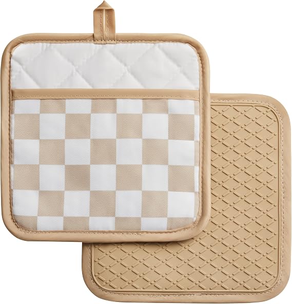 Ohocut Beige Checkered Pot Holder, Checkerboard Potholders for Kitchen, Silicone Pot Holders with Pocket for Kitchen Clearance 2 Pack Set, Hot Pads and Oven Mitts for Cooking Baking