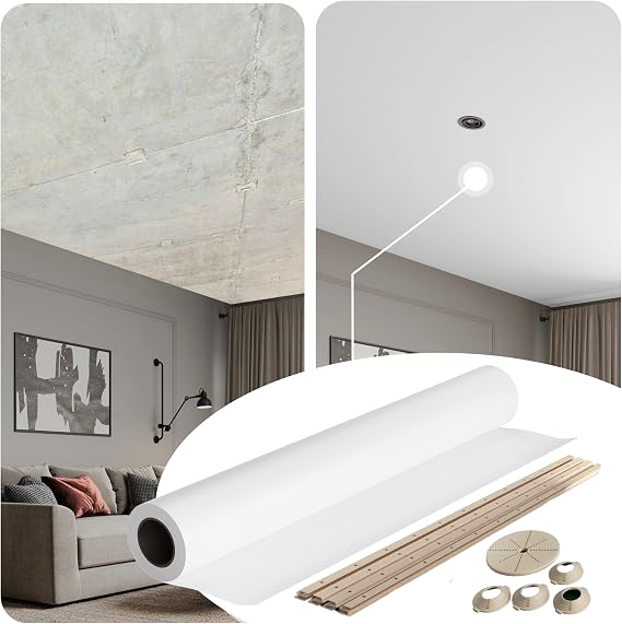 Ceiling Decor Film - White PVC Stretch Ceiling - Room Covering Kit, DIY Installation for Modern over Design Film Size to 10'6'' * 10'6''