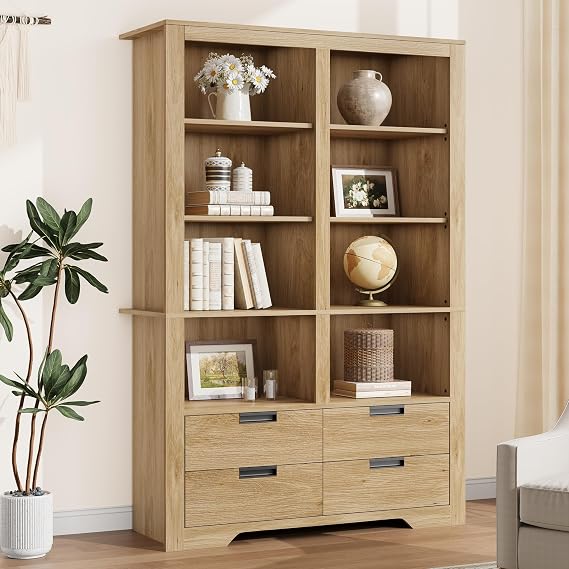 IDEALHOUSE 72" Tall Bookshelf with 4 Drawers, Farmhouse 6-Tier Double Wide Bookshelves and Bookcases with Storage, Freestanding Bookshelf Large Open Book Shelf for Home Offices, and Living Rooms