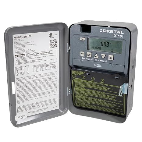 Intermatic DT101 24-Hour Digital Time Switch, 20A SPST, 120-277V | 24-Hour 1-Circuit Digital Time Switch with Battery Backup, Indoor Metal Enclosure, 120-277 VAC