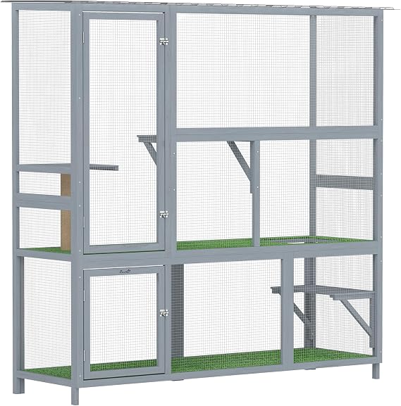 PawHut Catio Outdoor Cat Enclosure 77" H for Kittens 74"x23"x77" Light Gray