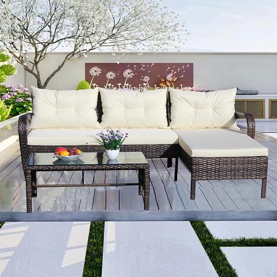 3 Piece Outdoor Patio Furniture Set,Front Porch Back Yard Furniture Set with Chaise Lounge,Patio loveseat Sofa,Side Table,Ratten Back Porch Furniture for Balcony (Brown + Gery - 3 Piece)