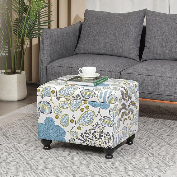 Adeco Colorful Storage Ottoman with Storage, 21" Linen Fabric Ottoman Foot Rest Stool with Hinged Lid with Blue Leaf Pattern, 360 LB Load Capacity, Living Room, Bedroom, Entryway