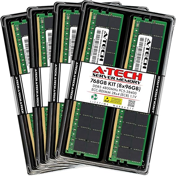 A-Tech 768GB Kit (8x96GB) RAM for ThinkMate GPX-WS-740RTP7, GPX-XH20-28S4-8HGX, QS12, RAX-QE12, RAX-XH24-22S4, TWX-XS8-24S4 | DDR5 4800MHz PC5-38400 EC8 RDIMM 2Rx4 ECC Registered Server Memory Upgrade