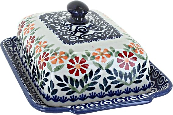 Blue Rose Polish Pottery - Orange Garden Bouquet Large Butter Dish - Fits 1 Stick - Butter Dish for Countertop Organization and Storage
