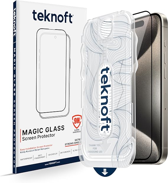 Teknoft iPhone 15 Pro Max için Kolay Kurulum Kitli Takılırken Camın Altında Kesinlikle Toz Bırakmayan Ekstra Güçlendirilmiş Tam Koruma Sağlayan Pürüzsüz Lazer Kesim Premium Ekran Koruyucu Kırılmaz Cam