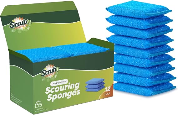 SCRUBIT Multi-Purpose Dish Scrub Sponge, Non Scratch Scouring Pads, Cleaning Sponges for pots, Dishes, Non-Stick Cookware - Pot Scrubber Sponges for Kitchen & Bathroom - 12 Pack Dish Sponge - Blue