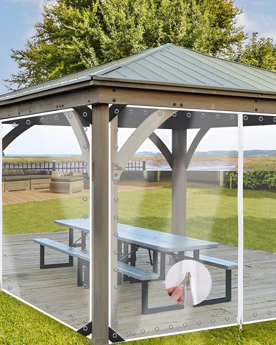7'H x10'W Outdoor Vinyl Curtain 19oz Clear Tarps with Zipper,Vinyl Patio Enclosure,Outdoor Curtains Heavy Duty Waterproof Transparent Tarp with Grommets for Gazebo Porch Balcony Pergola