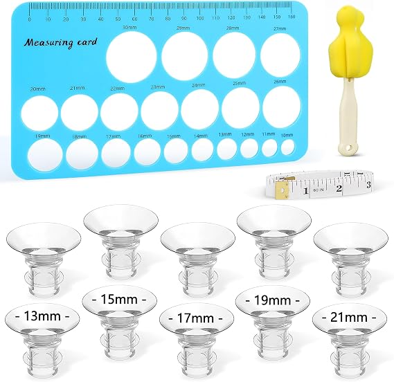 Flange Size Kit, 10 Pcs Milking Pump Flange Insert 13/15/17/19/21mm Nipple Measuring Ruler with Cleaning Brush Silicone Flange Sizer Measuring Tool For Most 24mm Pumps Breastfeeding Essentials