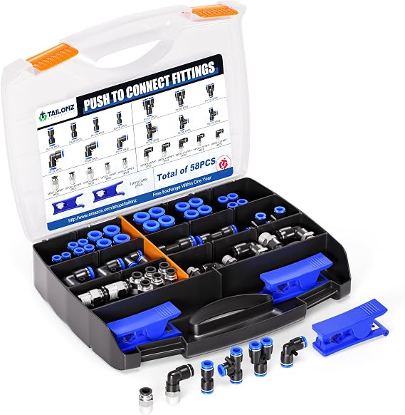 TAILONZ PNEUMATIC 1/4"3/8"1/2"1/8" Blue Push to Connect Fittings Air Hose Fittings,Threaded Connection Kits, Suitable for Nylon Tube PU Tube Air Tube and Other Connection Kits(Pack of 58)