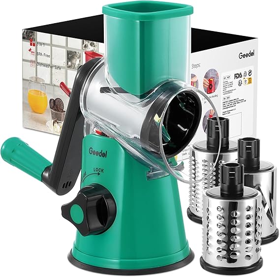 Geedel Rotary Cheese Grater, Vegetable Slicer Graters for Kitchen, 3 Blades | Versatile, Time-saving, 12x Fast Cutting, 430 Stainless Steel, Safe to Use, Dishwasher-Safe, Strong Suction Base, Detachable