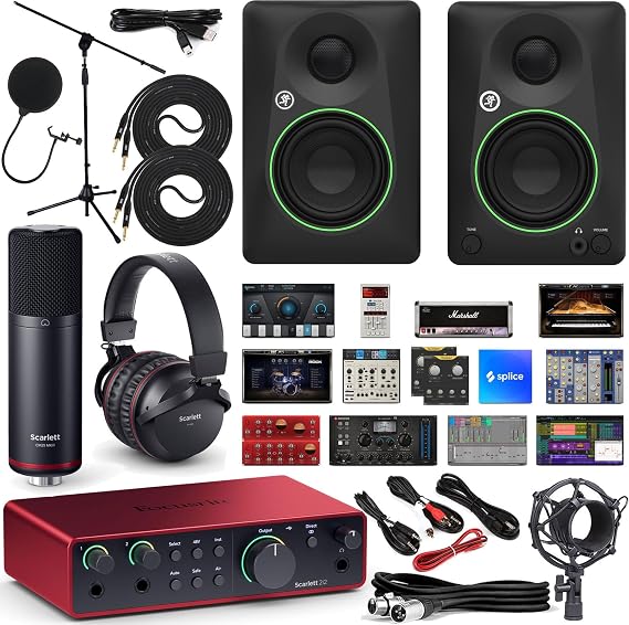 Focusrite Scarlett 2i2 3rd Gen Studio USB Audio Interface Bundle with Mackie CR3-X Monitors, Condenser Microphone, Headphones, Mic Stand, Pop Filter & Recording Software
