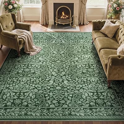 LIVEBOX 8x10 Green Area Rugs for Living Room, Vintage Floral Non-Slip Washable Rugs, Farmhouse Botanical Birds Nature Pattern Area Rug for Bedroom, Carpet for Dining Room DecorGreen,8x10