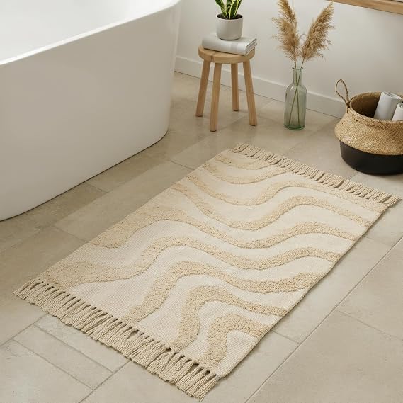Beautiful Boho Rug with Tassels for Your Bathroom - Soft 2 x 3 ft. Cotton Rug Fits Perfectly Into Your Bath - Washable, Cream Colored Non-Slip Mat Ideal to Enhance Any Modern Home Decor, 24 x 36 inch