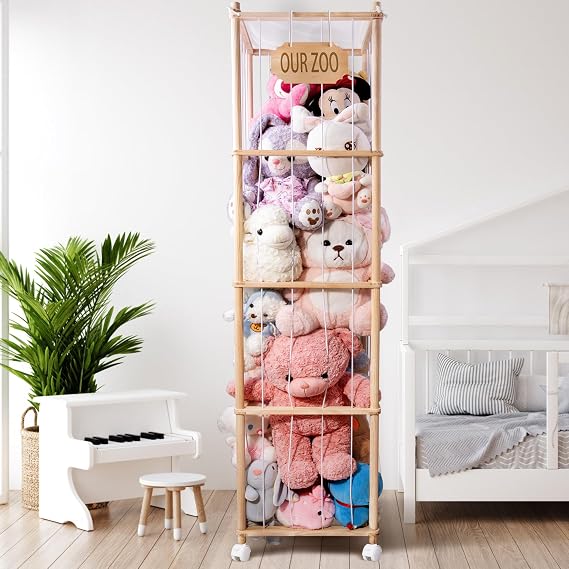 Stuffed Animal Storage Zoo Tower, 70In Tall Stuffed Animal Holder Organizer with Wheels, Stuffy Plushies Storage with Elastic Band&Mesh Bottom,Toy Storage Organizers for Playroom Bedroom Nursery