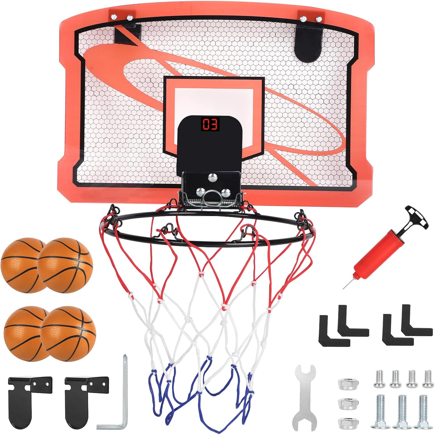 Mini Basketball Hoop with Electronic Scoreboard Indoor Hoop Basketball Hoop for Children Basketball Hoop Door with 4 Balls Wall Mounted Basketball Hoop for Room Basketball Basket Red