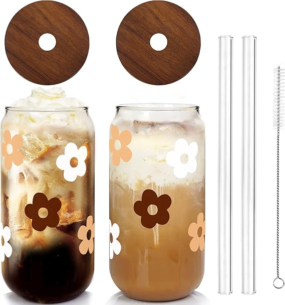 20OZ Glass Cups with Lids and Straws, Can Shaped Glass Cups-Set of 2