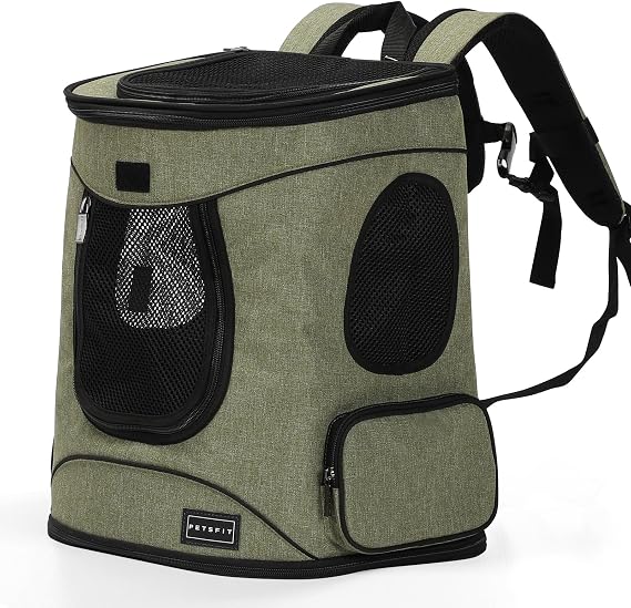 Petsfit Dog and Cat Backpack Carrier, Padded Waist Support, Up to 18 lb | 13.5 x 12.5 x 17.5 in; reinforced frame, 600D Oxford, 4 mesh panels, lockable zippers, safety tether and washable mat.
