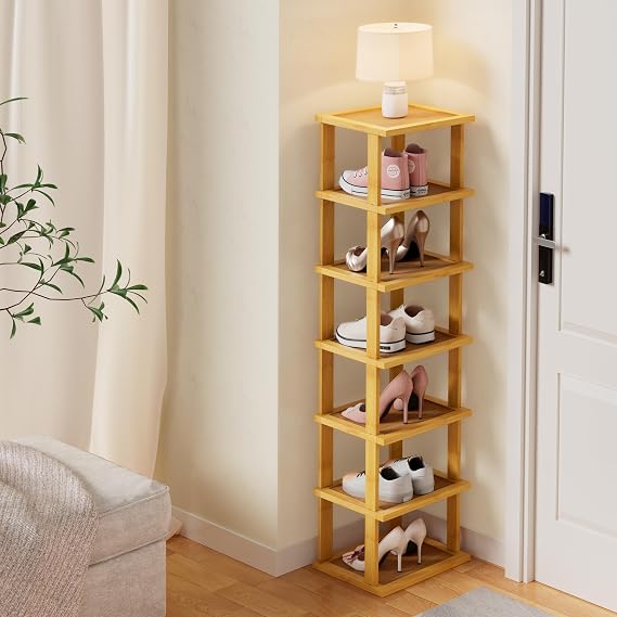 ZUJJAFY Vertical Shoe Rack for Entryway, Small Shoe Rack 7-Tier Tall Shelf for Narrow Spaces Free Standing, Bamboo Shoe Racks Organizer for Closet Corner Bedroom and Garage