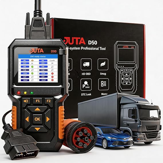 JUTA Heavy Duty Truck Scanner Diesel OBD2 Diagnostic Scan Tool, 2-in-1 Check Engine Code Reader for Car and Truck, Real-Time Data Stream, Battery Test