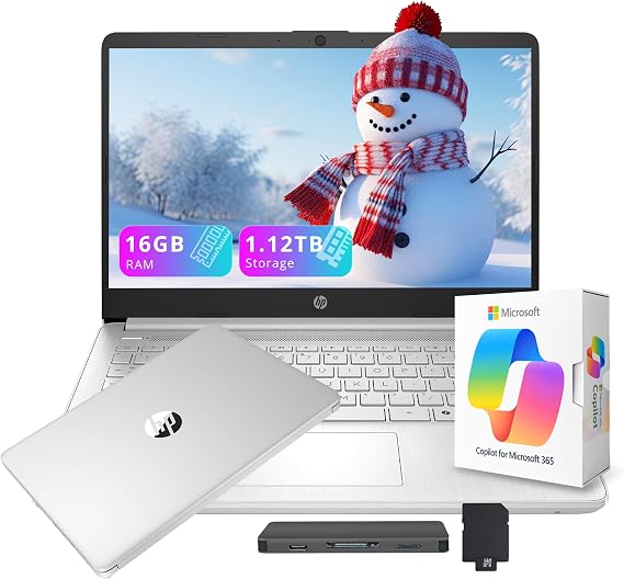 HP Flagship 14" HD Student&Business Laptop with AI Copilot, 13th Gen Intel 4-Core, 16GB RAM, 1.12TB Storage (128GB UFS + 1TB Docking Station), 1 Year Office 365, Wi-Fi 6, Win 11 S, Natural Silver
