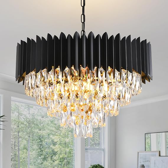 Black Crystal Chandelier 5-Tier Dining Room Chandelier Light fixtures Raindrop Modern Ceiling Pendant Light Fixture for Living Room Foyer Kitchen Island Entryway Round 9 Lights W24in [Energy Class G]