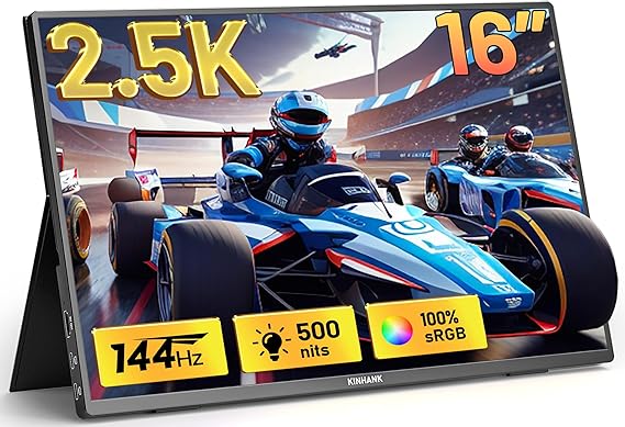 2.5K 144Hz Portable Gaming Monitor 16", 2560x1600, Plug & Play, 100% sRGB, 500nits, 16:10, Eye Care Second Computer Display with Speakers for Laptop, PC, Mac, P-S4/5, Sw-tch, X-BO, USB-C/HDMI, (K16G)