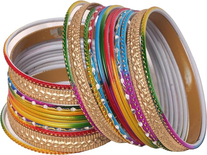 Touchstone Stunning Rainbow Multicolor Bangle Collection. Indian Bollywood Colorful Bangle Bracelet Set of 24 In Antique Gold Tone For Women.