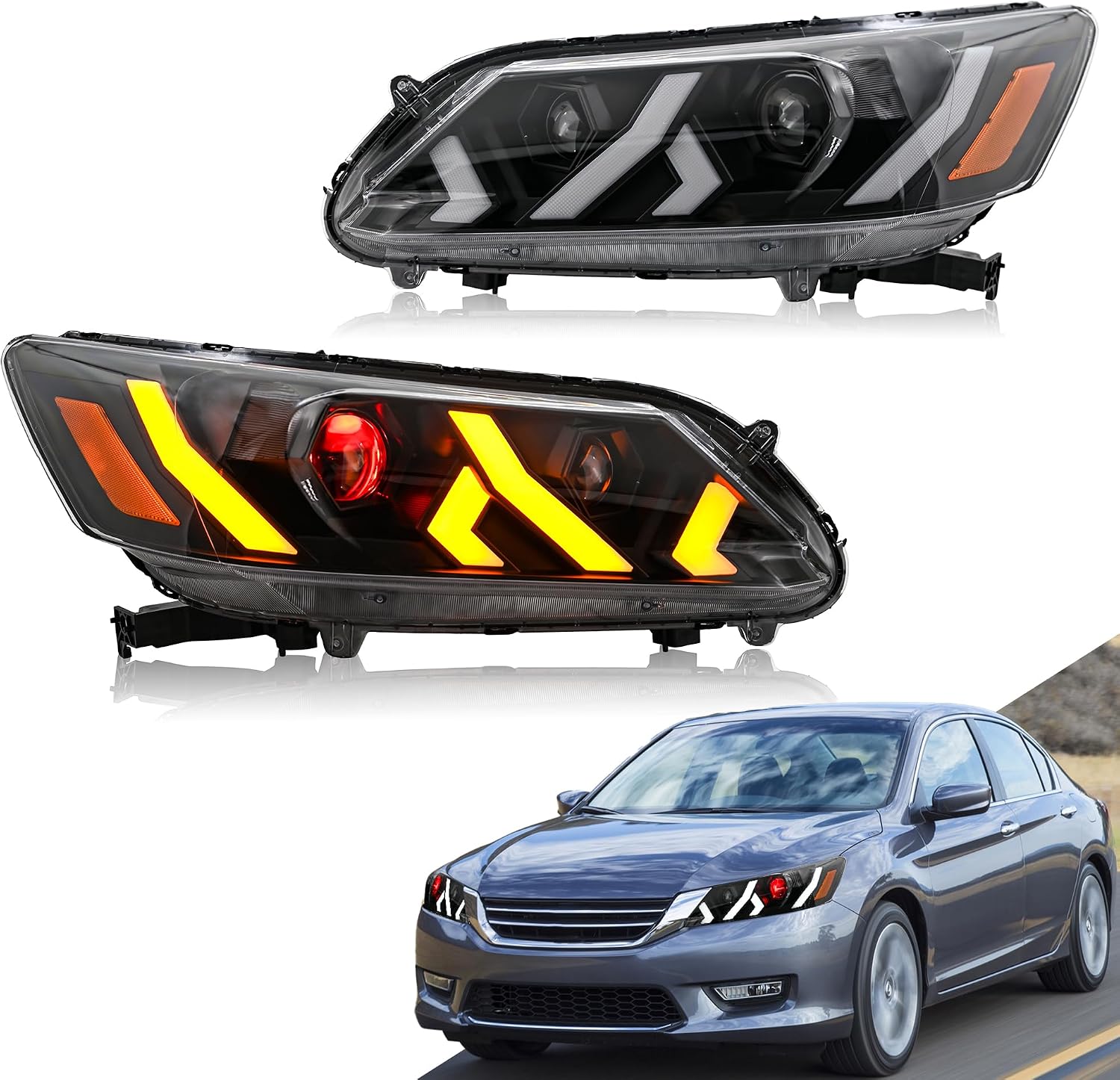 letsdate Projector Headlights Compatible with Accord LX Sport Touring Hybrid 2013-2015 9th Gen Sedan Only with Dynamic Animation wAmber Sequential Turn Signal, No Need Bulbs Driver& Passenger