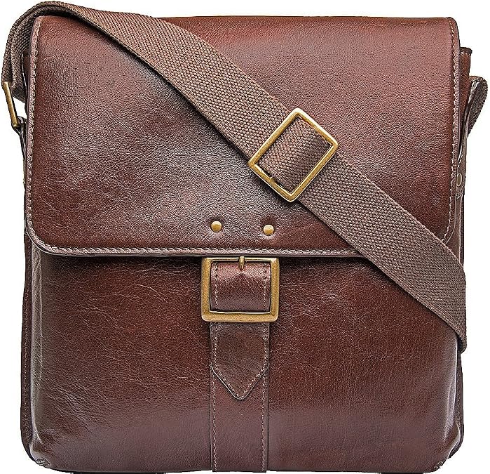 Hidesign Vespucci Medium Faux Brass Buckle (Magnetic Closure) Genuine Buffalo Leather Messenger Bag/Crossbody Bag with Adjustable Shoulder Strap, Brown