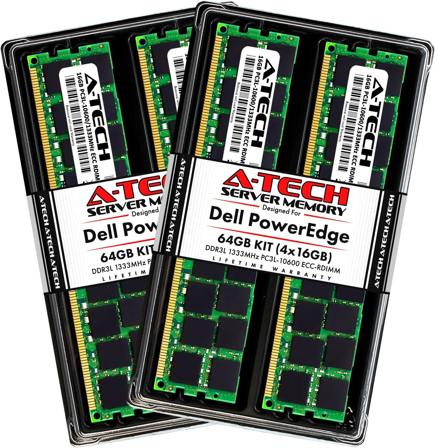 A-Tech 64GB 4x16GB RAM for Dell PowerEdge R410, R415, R510, R515, R610, R710, R715, R815 Servers | DDR3 1333MHz ECC-RDIMM PC3L-10600 2Rx4 1.35V 240-Pin ECC Registered DIMM Server Memory Upgrade Kit