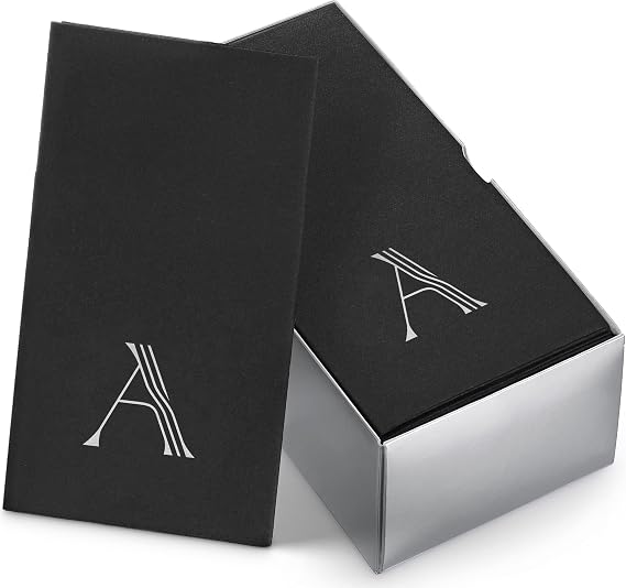 50-Pack Linen-Feel Mongrammed Napkins Black Paper, 12" x 17" Silver Foil Letter A Napkins Disposale, Initial Guest Towels For Wedding, Bathroom, Party, Baby Shower, Or Event