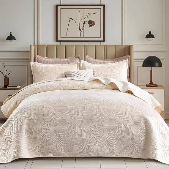 Grassix Velvet Quilt Set King Size, 3 Pieces Lightweight Summer Quilt Bedding Set, Luxury Soft Cream White Bedspread with 2 Pillow Shams, Breathable Ultrasonic Coverlet for Bed, All Season