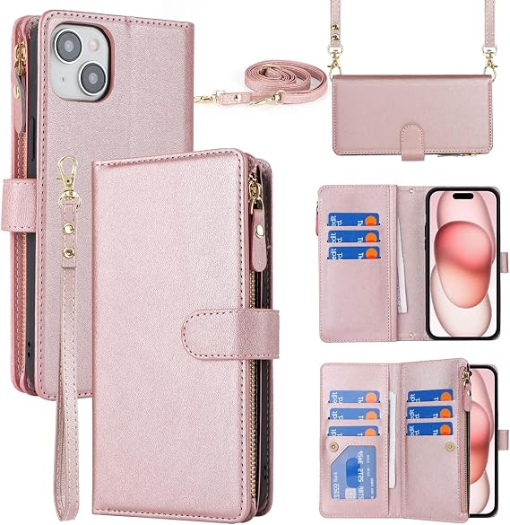 Crossbody Phone Wallet for iPhone 15 Case with Strap,6.1",Rosegold