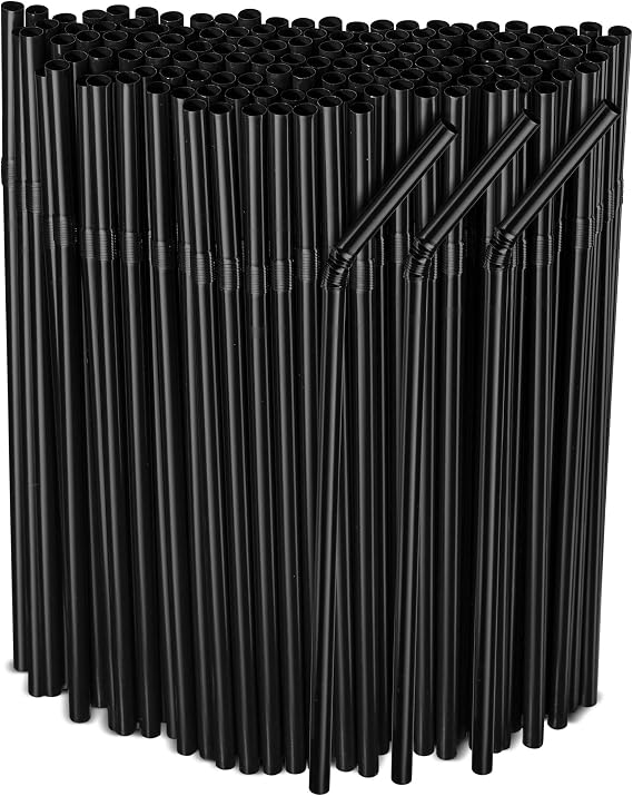 [500 Pack] Black Flexible Plastic Drinking Straws Disposable Straw 8'' inches Tall