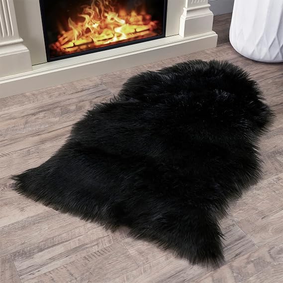 Silky Soft Faux Fur Rug, 2 ft. x 3 ft. Black Fluffy Rug, Sheepskin Area Rug, Shaggy Rug for Living Room, Bedroom, Kid's Room, or Nursery, Home Decor Accent, Machine Washable with Non-Slip Backing