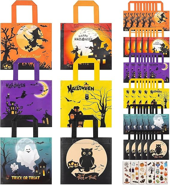 Halloween Treats Bags Party Favors - 30 pack Non-Woven Halloween Tote Gift Bags for Kids Trick or Treat Bags with 54 pcs Tattoos, Reusable Candy Bags Goodie Bag for Halloween Party Supplies(6 Pattern)