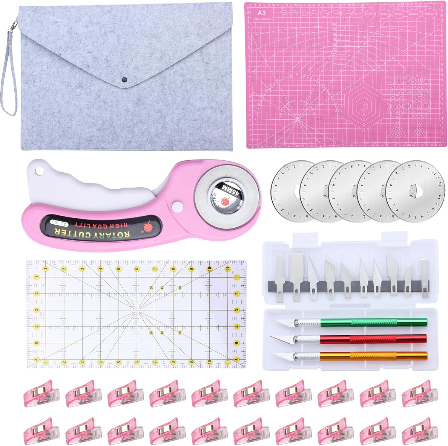 LYNDA Rotary Cutter Set Pink - 45mm Quilting Kit with A3 Cutting Mat, 5 Replacement Blades, Acrylic Ruler, 20PCS Craft Clips & Craft Knife Set - Ideal for Crafting, Sewing, Patchwork, Crochet
