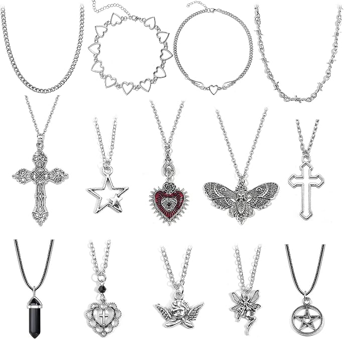 14 Pcs Grunge Goth Necklace Set Y2k Grunge Jewelry Gothic Cross Y2k Star Emo Accessories Y2k Jewelry Set for Women Men