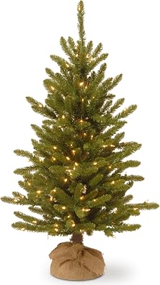 National Tree Company 4 ft Pre-Lit Kensington Mini Artificial Christmas Tree, 150 Clear Lights, 284 Tips, Burlap Base, Green