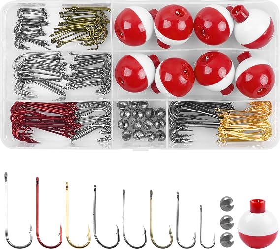 215pcs Fishing Bobbers Hooks and Sinkers, Beginners Fishing Tackle Kit | Basic Handy Fishing Tackle Box Kit for Artificial and Live Baits, Trout Panfish