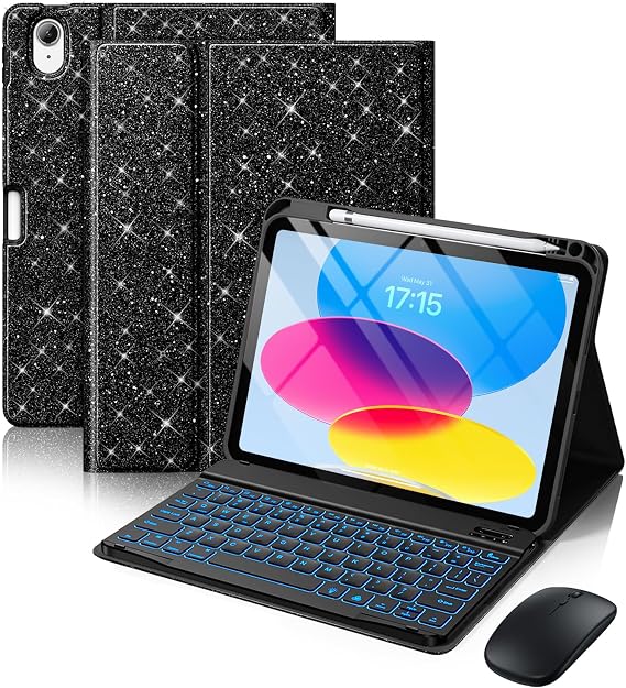 Hamile for iPad A16 11th 10th Generation Case with Keyboard - Wireless | Mouse, Backlit Detachable Glitter Folio Keyboard Cover, Pencil Holder, for iPad A16 11-inch 2025 10th 10.9 in 2022, Black