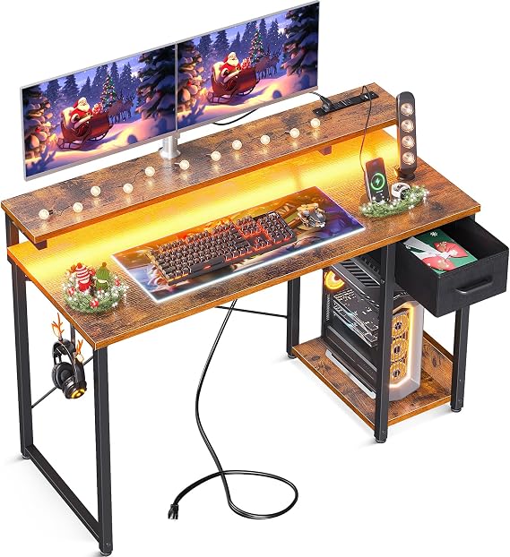 AODK Gaming Desk with LED Lights & Power Outlet, 48 Inch Computer Desk with Drawers, Reversible Small Desk with Monitor Stand & Headphone Hook for Home Office, Rustic Brown