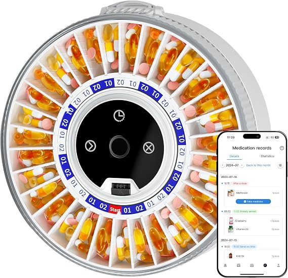 Colorwing 2025 Smart Pill Dispenser for Seniors - 31-Slot Automatic Medication Organizer with Bluetooth Alarms, Fingerprint & Mechanical Dual Lock, Daily Timed Dispenser (Elderly-Friendly Design)