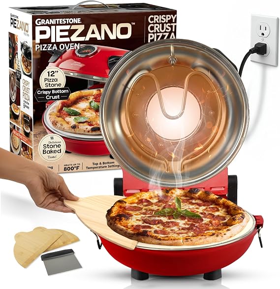PIEZANO Crispy Crust Pizza Oven by Granitestone 12 Inch Electric Pizza Oven Indoor Countertop Maker with Ceramic Stone Heats up to 800 F for Delicious Stone Baked Pizzeria Style Pizza at Home