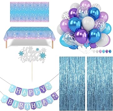 55 Pcs Frozen Birthday Party Decorations Frozen Party Supplies, Snowflake Happy Birthday Banner  Table Cover  Tinsel Foil Fringe  Cake Topper  Balloons