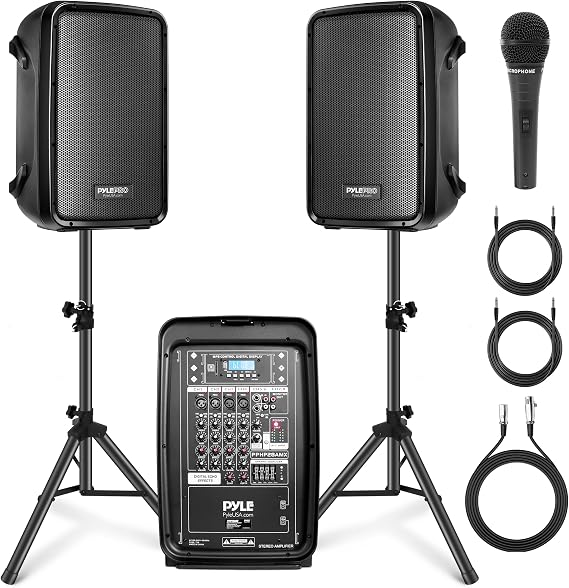 Pyle PA Speaker DJ Mixer Bundle - 300 W Portable Wireless Bluetooth Sound System with USB SD XLR 1/4" RCA Inputs - Dual Speaker, Mixer, Microphone, Stand, Cable - for Home/Outdoor Party