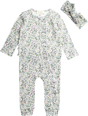 Jessica Simpson Baby Girls Romper - One Piece Footie Jumpsuit, HatHeadband - Playwear Clothing for NewbornsInfants, 0-24M