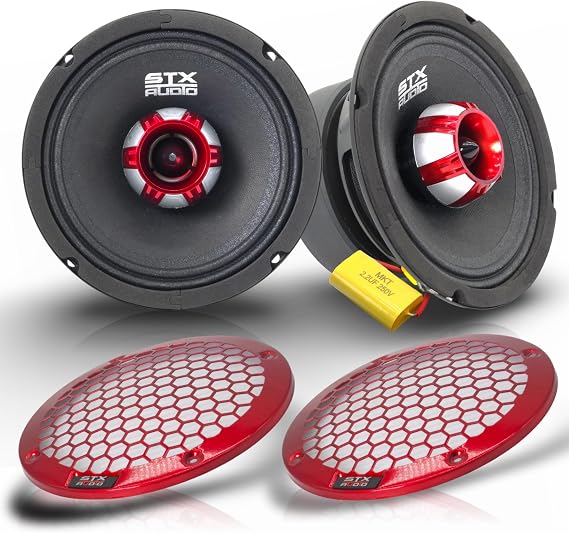 STX Audio X65.2R 6.5" Midrange Speaker, 850 Watts Max Power, 4 Ohm, 91 dB Sensitivity, Black Press Paper Cone for Car Audio with High Capacitor and Red Grills